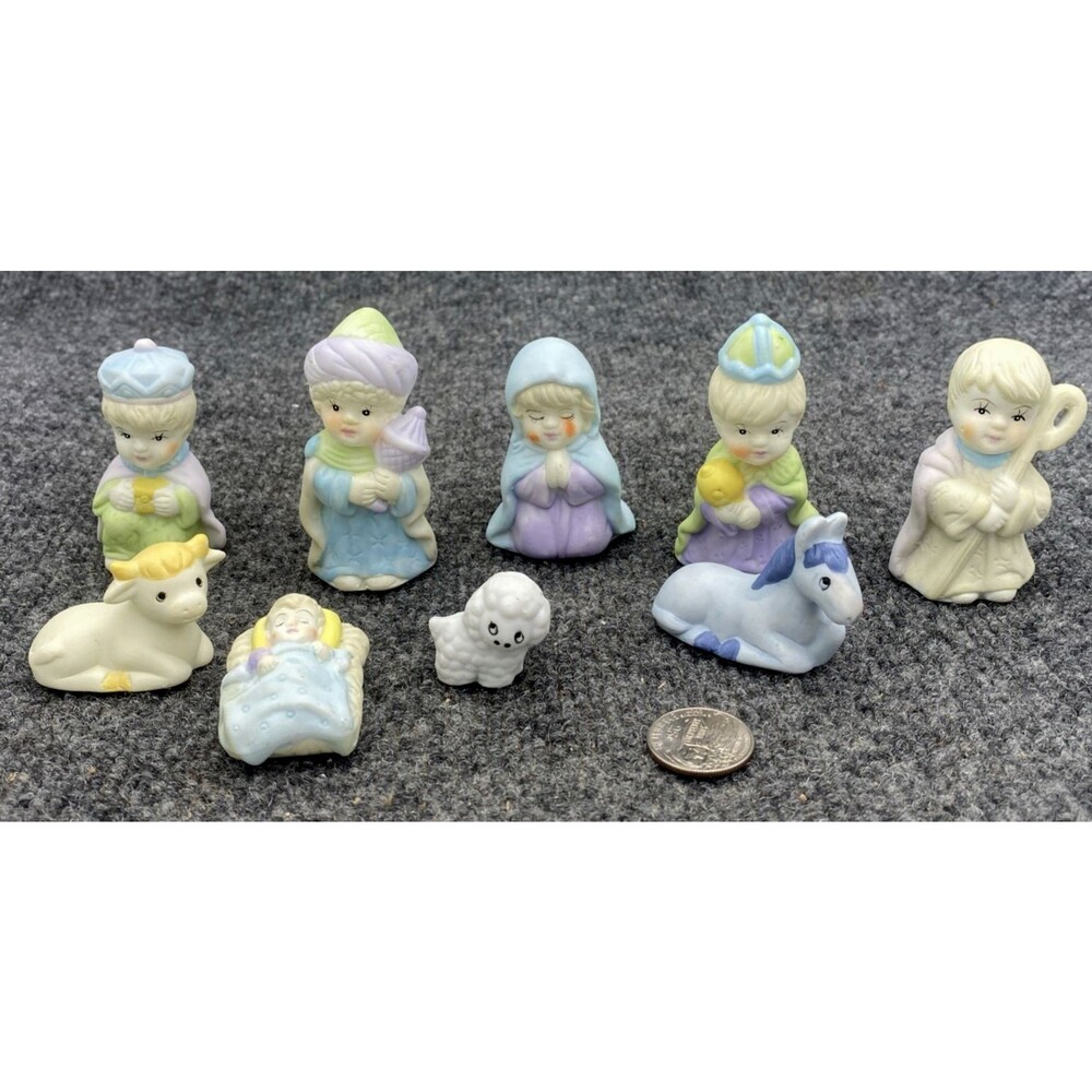 Vintage Bisque Porcelain Child Nativity Set 9pc - Pastel Manger Scene - Figurine